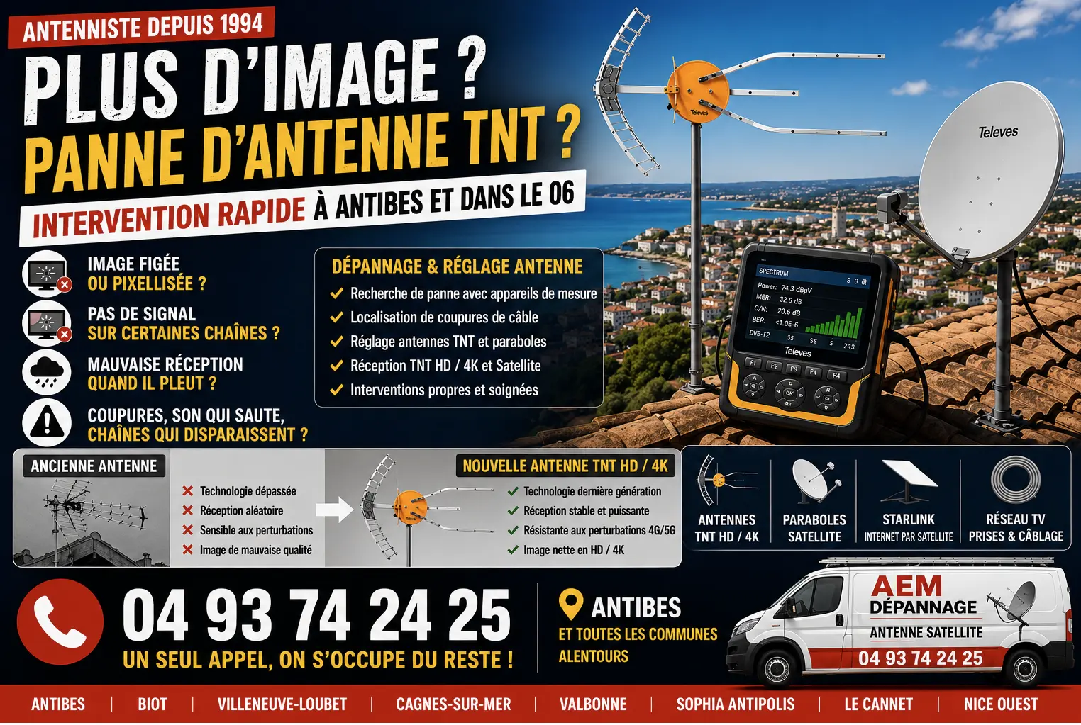 Antenniste Antibes depuis 1994 spécialisé dans le dépannage antenne TNT, réparation antenne TV, installation parabole satellite et Starlink dans les Alpes-Maritimes.
